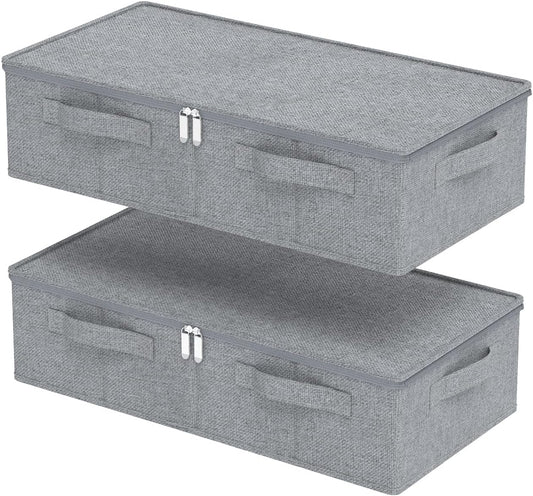 Underbed Storage Box, Foldable Bed Sheet Organizer, Cube Bags Container with Lid for Organizing Clothes, Blankets, Comforter, 23.6x11.8x5.9in, Grey, 2 Pack