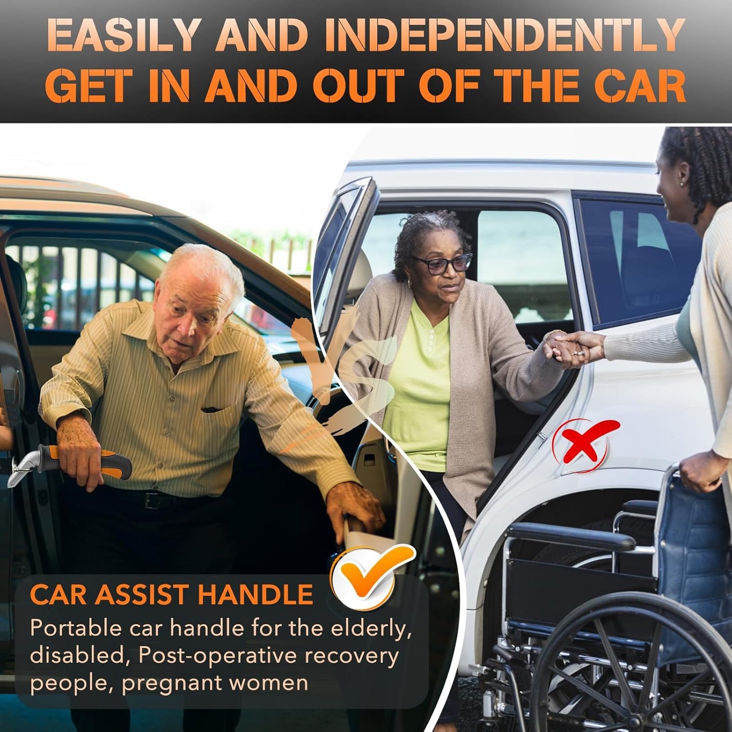 Car Door Handle for Elderly Car Handle Assist Support, Portable Auto Grab Handles for Handicap Seniors, Black and Orange