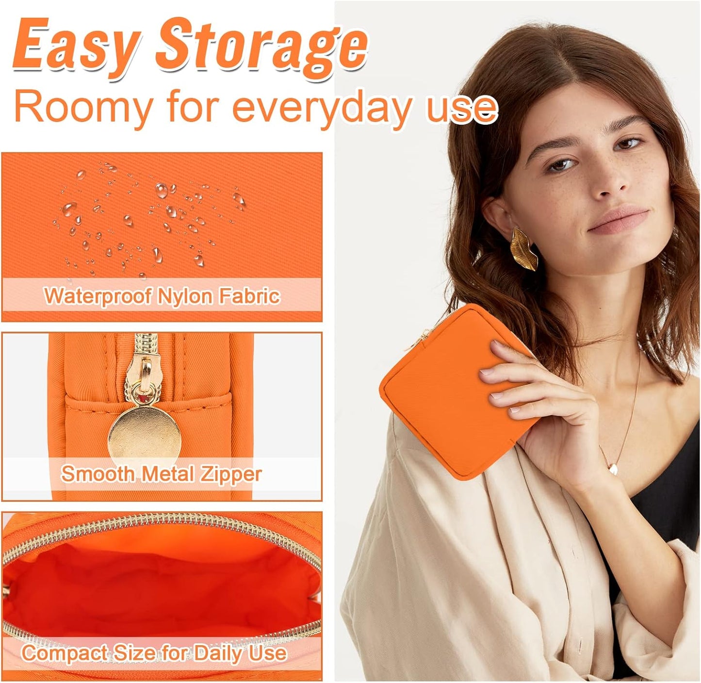 Nylon Mini Makeup Bag for Purse, Preppy Small Cute Makeup Bag Cosmetic Zipper Pouch Purse, Waterproof Travel Coin Pouch Sanitary Napkin Storage Bag Clutch Makeup Organizer Bag for Women Girls(Orange)