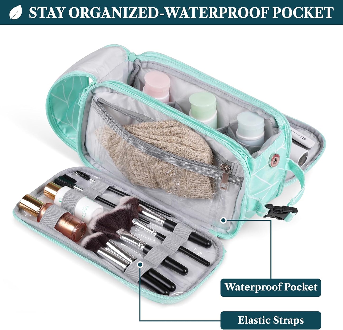 PAVILIA Toiletry Bag for Men Women, Mens Travel Bag Toiletries Organizer Case for Grooming, Travel Essentials Shaving Dopp Kit, PU Leather Water Resistant Cosmetic Pouch, Teal Chevron