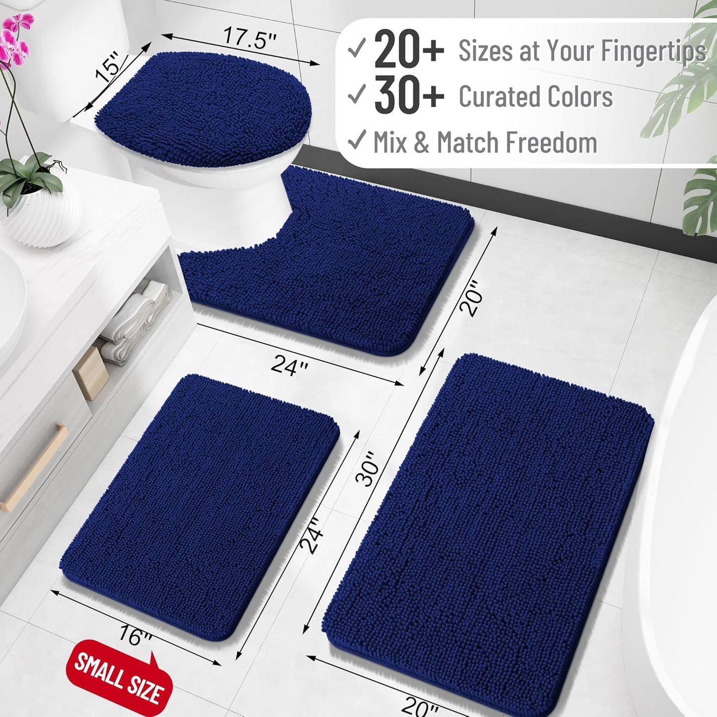 OLANLY Toilet Rugs U-Shaped 24x24, Extra Soft Absorbent Chenille Contour Bathroom Rugs for Toilet, Dry Quickly, Machine Washable, Non-Slip Bath Mat, Navy