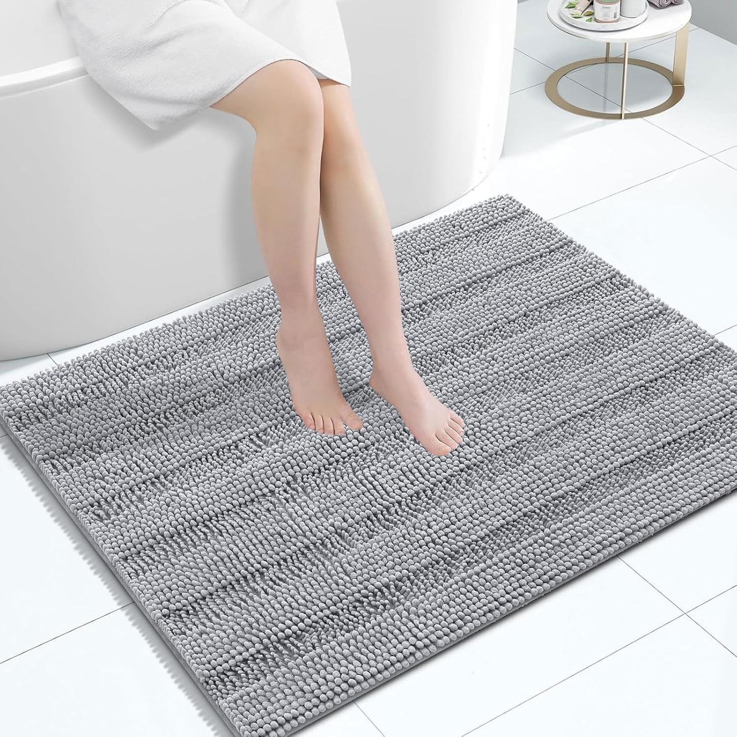 Grandaily Chenille Striped Bathroom Rugs 40x32, Extra Thick and Absorbent Bath Mats, Non-Slip Soft Plush Shaggy Shower Carpet, Machine Wash Dry, Bath Rug for Bathroom, Light Grey