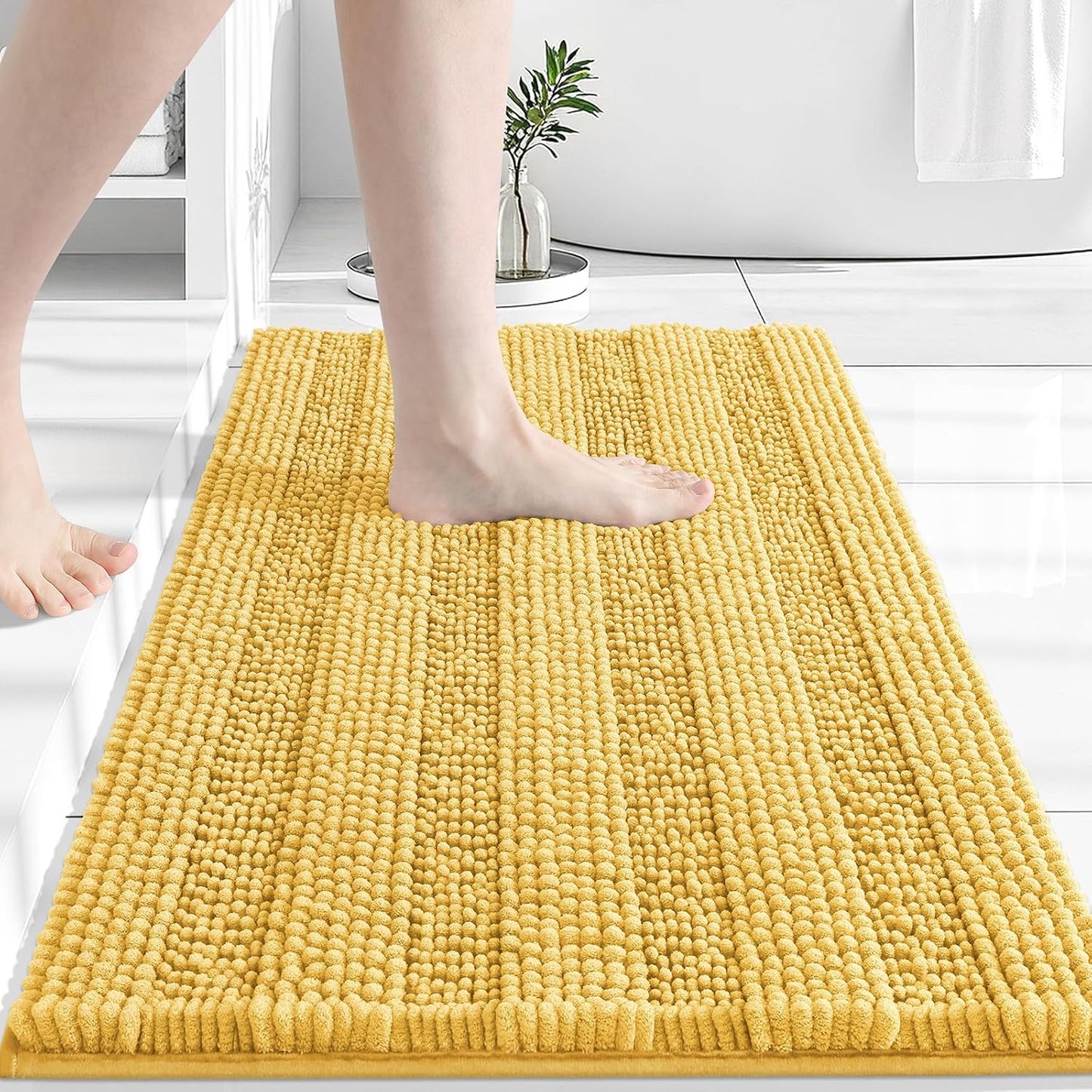 Grandaily Chenille Striped Bathroom Rugs 30x20, Extra Thick and Absorbent Bath Mats, Non-Slip Soft Plush Shaggy Shower Carpet, Machine Wash Dry, Bath Rug for Bathroom, (Medium, Yellow)