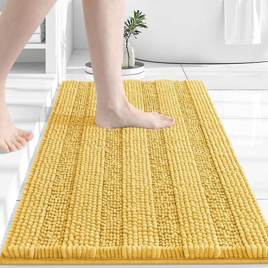 Grandaily Chenille Striped Bathroom Rugs 24x16, Extra Thick and Absorbent Bath Mats, Non-Slip Soft Plush Shaggy Shower Carpet, Machine Wash Dry, Bath Rug for Bathroom, (Small, Yellow)
