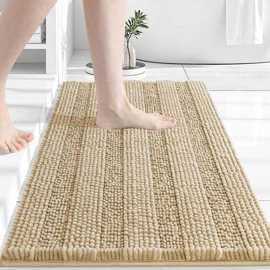 Grandaily Chenille Striped Bathroom Rugs 30x20, Extra Thick and Absorbent Bath Mats, Non-Slip Soft Plush Shaggy Shower Carpet, Machine Wash Dry, Bath Rug for Bathroom, (Medium, Beige)