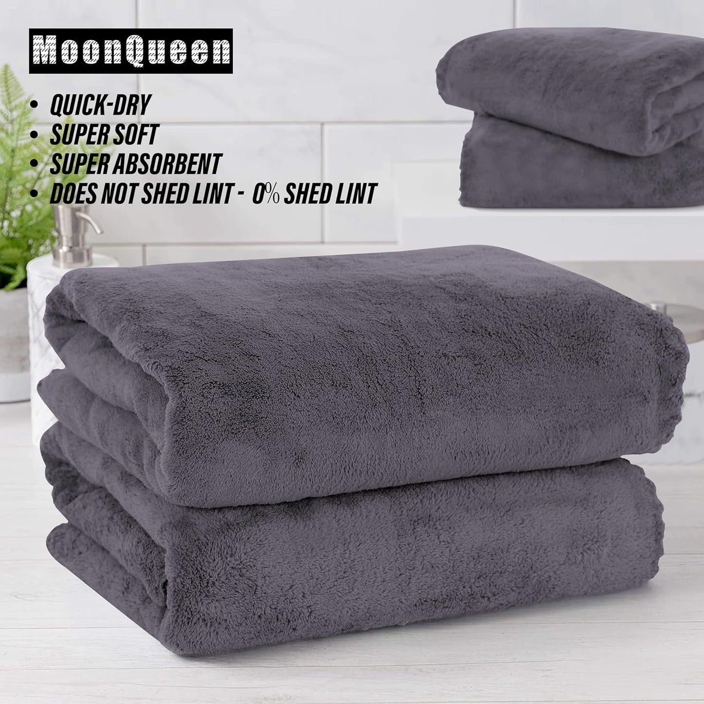 MOONQUEEN 2 Pack Premium Bath Towel Set - Quick Drying - Microfiber Coral Velvet Highly Absorbent Towels - Multipurpose Use as Bath Fitness, Bathroom, Sports, Yoga Towel (Dark Grey, Bath Towel)