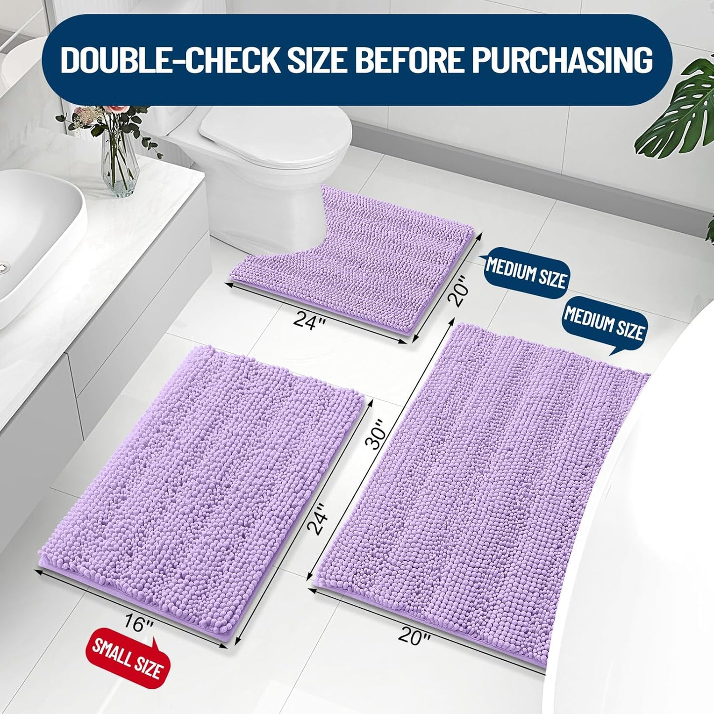 Grandaily Chenille Striped Bathroom Rugs 30x20, Extra Thick and Absorbent Bath Mats, Non-Slip Soft Plush Shaggy Shower Carpet, Machine Wash Dry, Bath Rug for Bathroom, (Medium, Purple)