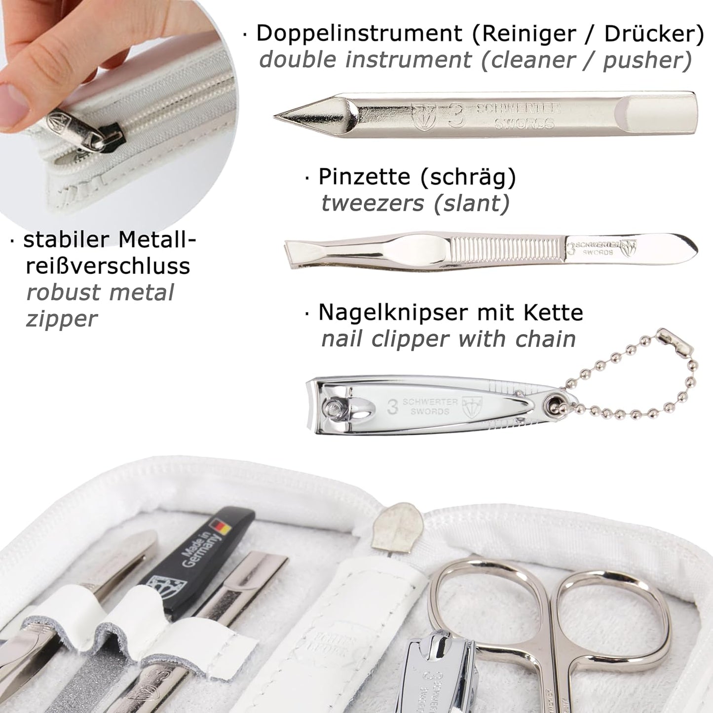 3 Swords Germany - brand quality 5 piece manicure pedicure grooming kit set for professional finger & toe nail care scissors clipper genuine leather white case in gift box, Made in Germany