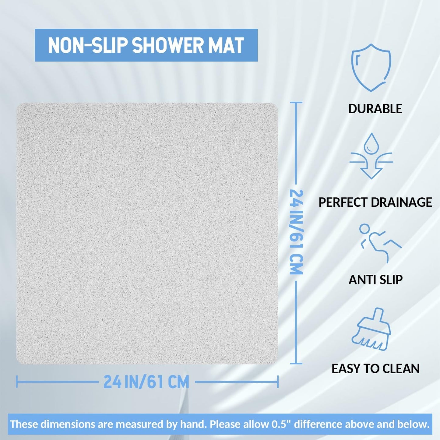 Non-Slip Bathtub Mat, Anti Slip Shower Mat, Fast Drying Bathtub Mats, Foot Scrubber Mat, Anti Slip Mat for Tub, Floor, Bathroom, Kitchen, Home, Hotel (White 24"×24")