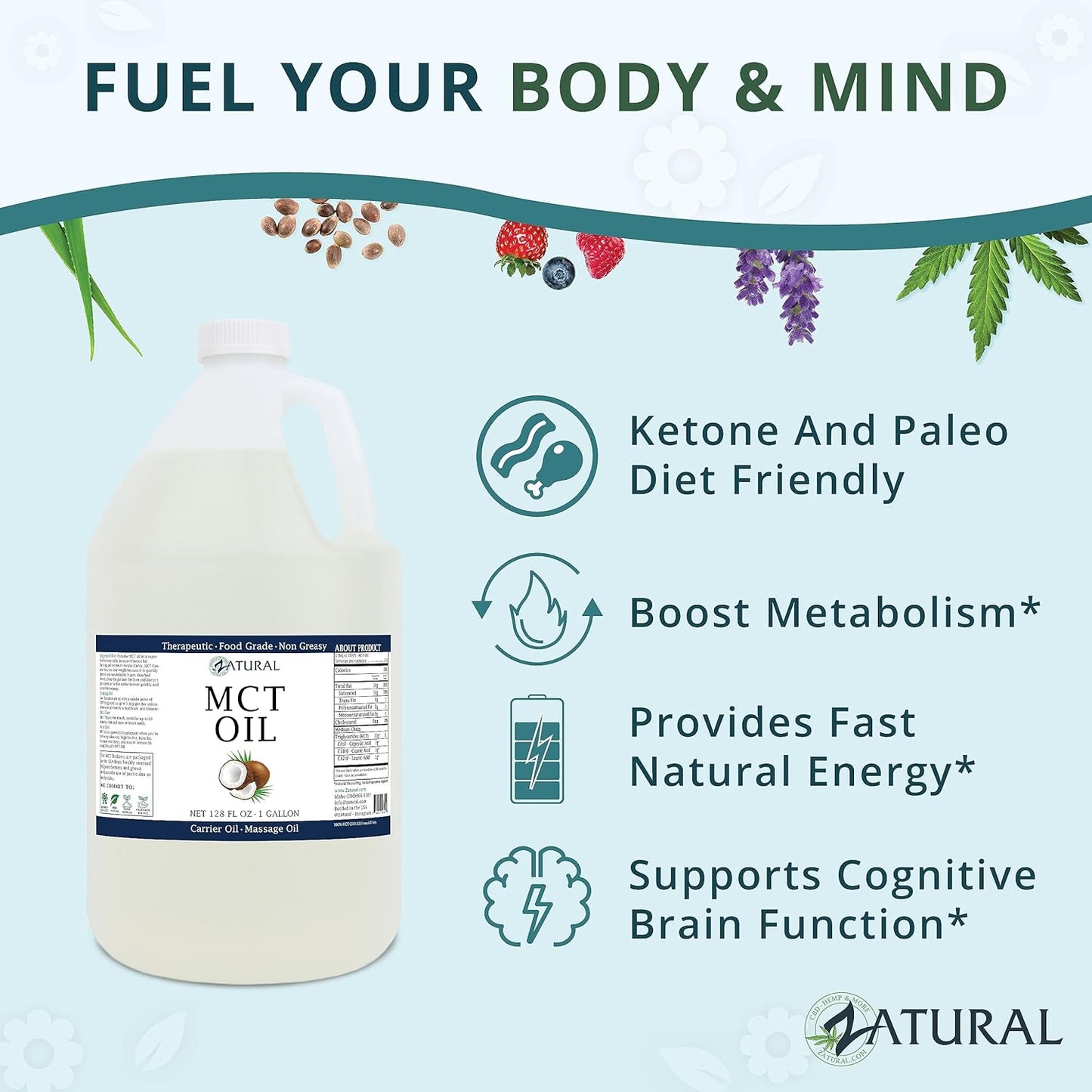 MCT Oil, Certified Food and Therapeutic Grade, Carrier Oil, Massage Oil, Hydrating Oil, Hair Oil, 0 Additives, Pure MCT Oil (128 Ounce (1Gallon))