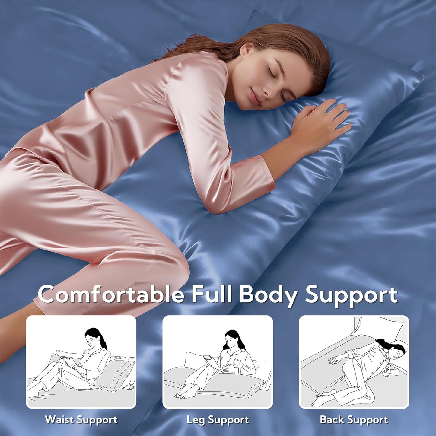 MR&HM Satin Body Pillow Cover, Soft and Breathable Body Pillow Case with Envelope Closure, Cooling and Silky Long Pillowcase for Hair and Skin,Grey (20x54, Sky Blue)