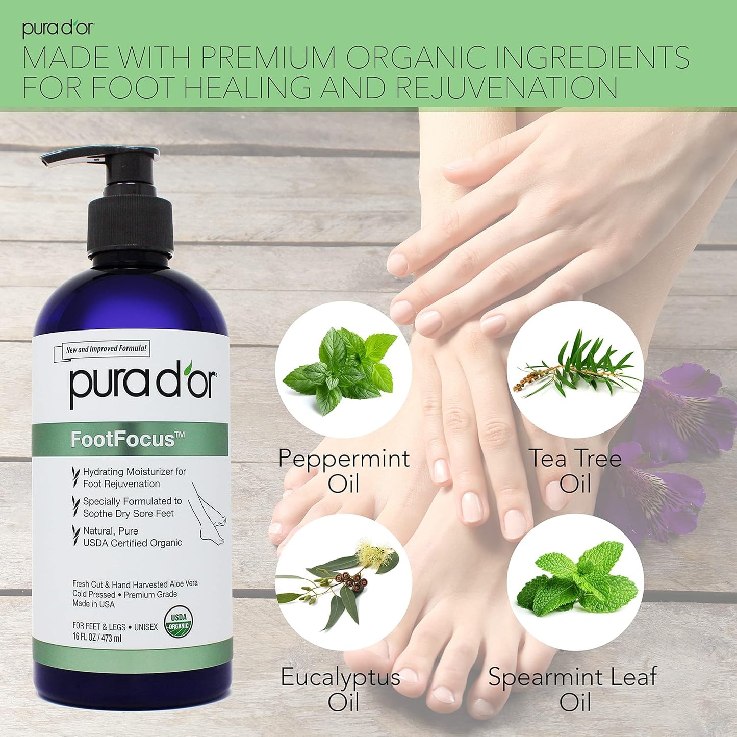 PURA D'OR 16 Oz FootFocus Organic Aloe Vera Gel For Severe Cracked Heel Repair Foot Care Products - Soothes Sore Feet Extra Strength Feet Care - Vitamin E, Peppermint, Tea Tree & Eucalyptus Oil