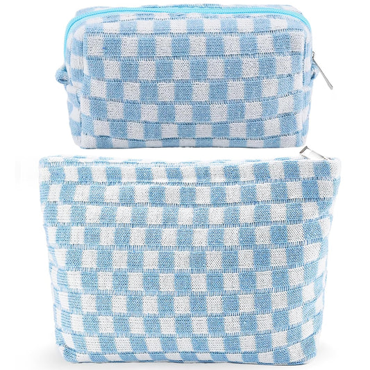 ZLFSRQ 2Pcs Checkered Makeup Bag for Women Large Small Checkered Cosmetic Bag Set Aesthetic Preppy Pencil Case Cute Pencil Pouch Blue Makeup Pouch for Purse Travel Toiletry Bags Zipper Skincare Bags
