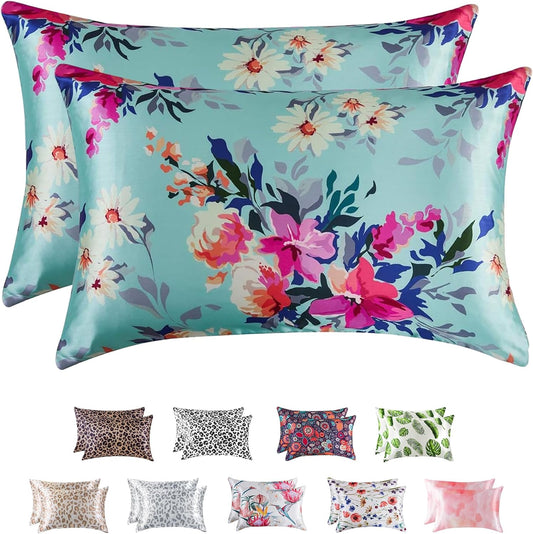 MR&HM Satin Pillowcase for Hair and Skin, Silk Satin Pillowcase 2 Pack, Standard Size Pillow Cases Set of 2, Silky Pillow Cover with Envelope Closure (20x26, Floral Green)