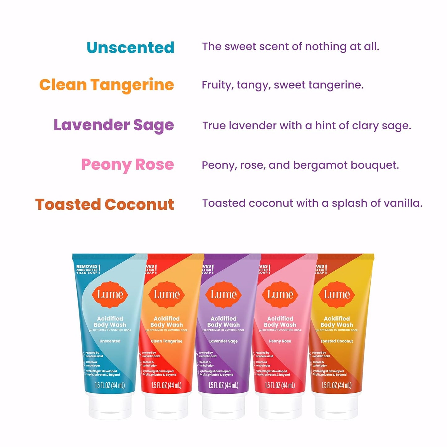 Lume Acidified Body Wash 5 Pack Minis - 24 Hour Odor Control - Moisturizing Formulated Without SLS & Parabens - 1.5 ounce Tubes (Clean Tangerine, Lavender Sage, Peony Rose, Toasted Coconut, Unscented)