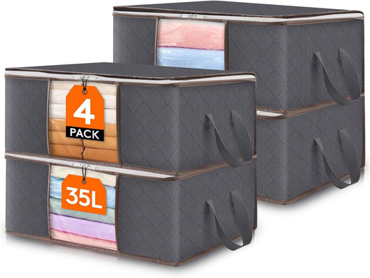 Lifewit 4 Pack Clothes Storage Bag, Foldable Storage Bin Closet Organizer with Reinforced Handle, Sturdy Fabric Blanket Storage with Clear Window, Storage Containers for Clothing, Bedding, Gray