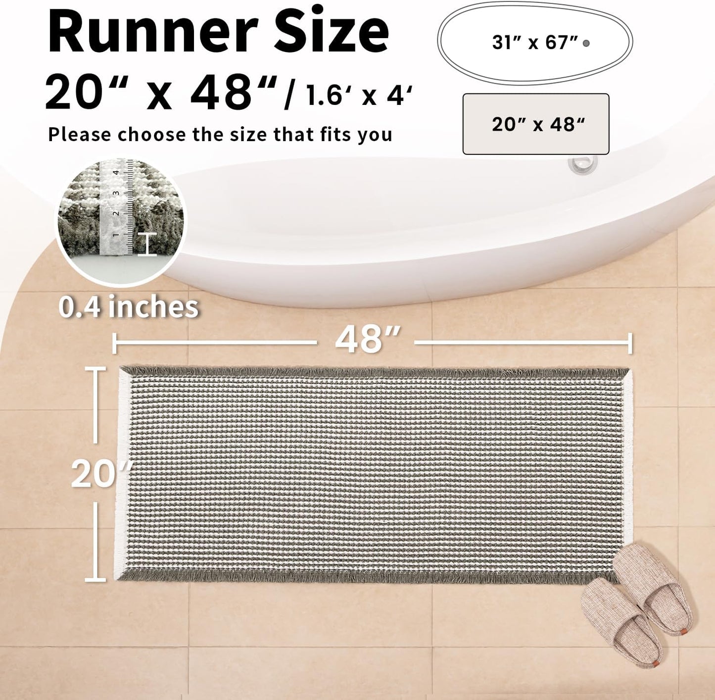 Waffle Bath Mat - Boho Bathroom Rugs Non Slip Washable, Super Absorbent & Quick Dry, Soft Bath Mat Farmhouse Bathroom Decor, 20'' x 48'', Olive Green and White