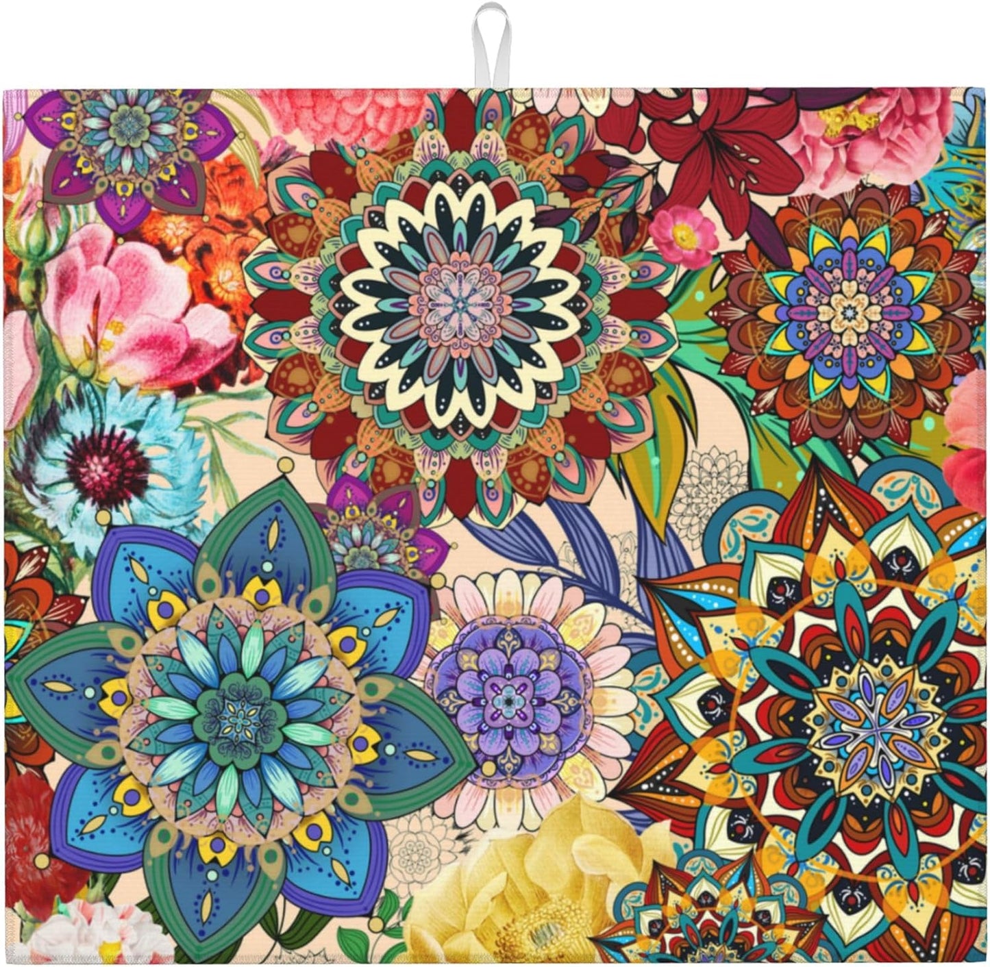 Boho Floral Dish Drying Mat for Kitchen Counter Washable Absorbent Reversible Microfiber Colorful Flowers Drying Pad Kitchen Accessories 16x18 Inch