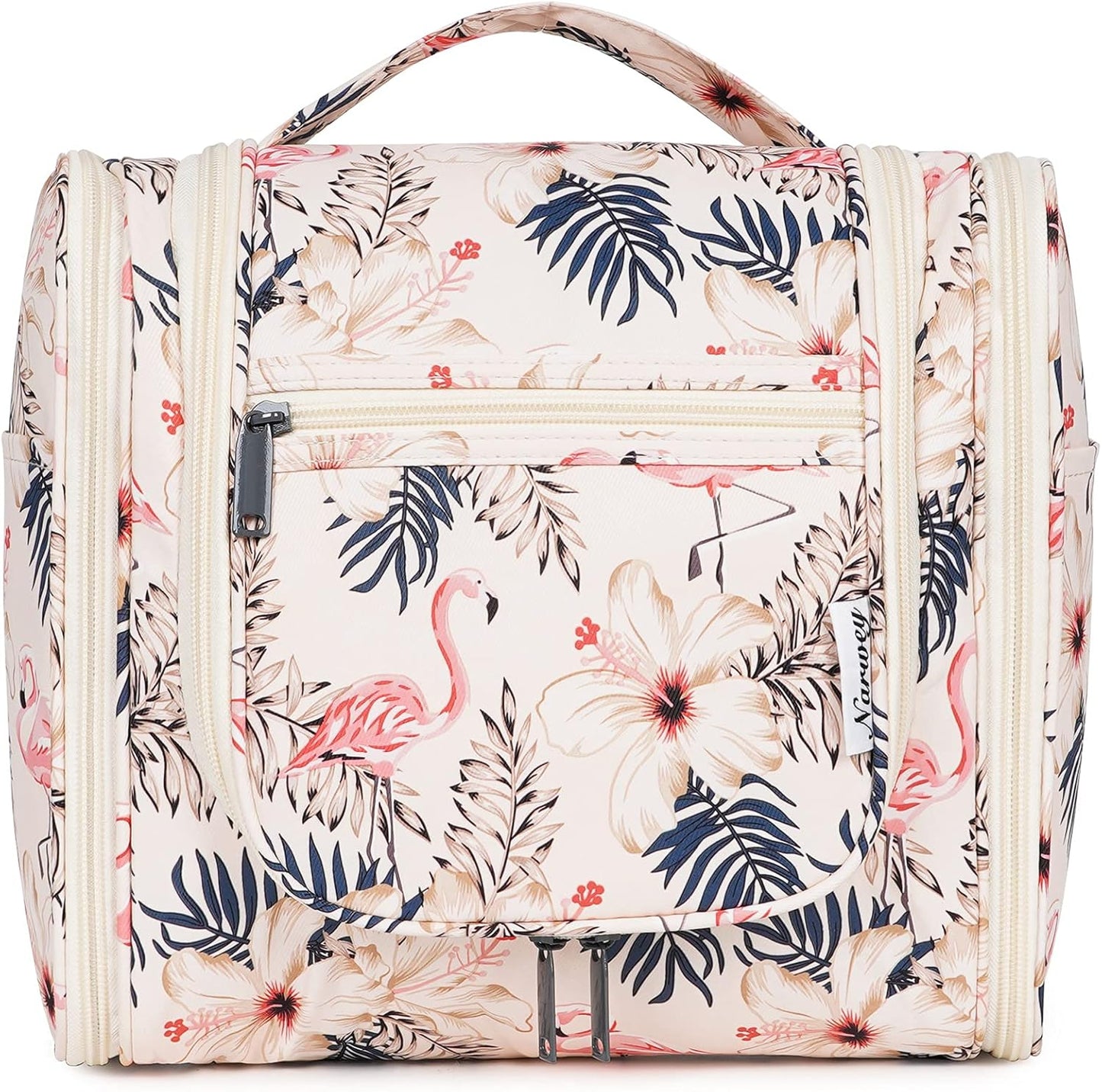 Narwey Hanging Toiletry Bag for Women Travel Makeup Bag Organizer Toiletries Bag for Cosmetics Essentials Accessories (Large, Beige Bird)