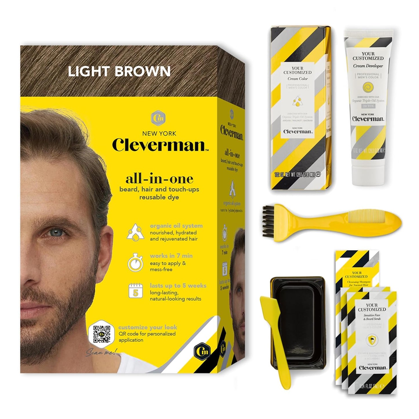 Cleverman Hair & Beard Dye Kit for Men, All-in-One Reusable Mens Hair Color, Natural Gray Coverage, Ammonia-Free Beard Mustache Dye for Men (Light Brown)