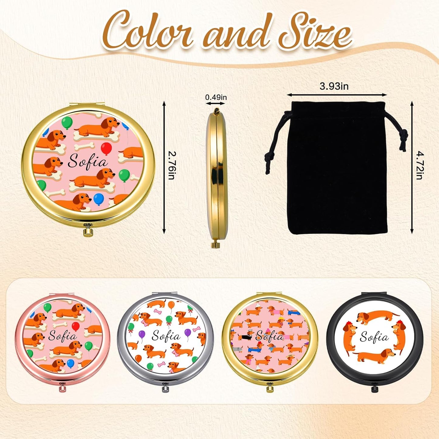 Custom Compact Mirror with Name - Personalized Flip Makeup Travel Pocket Mirror Gift for Women Bridesmaids Wedding Birthday (Dogs)