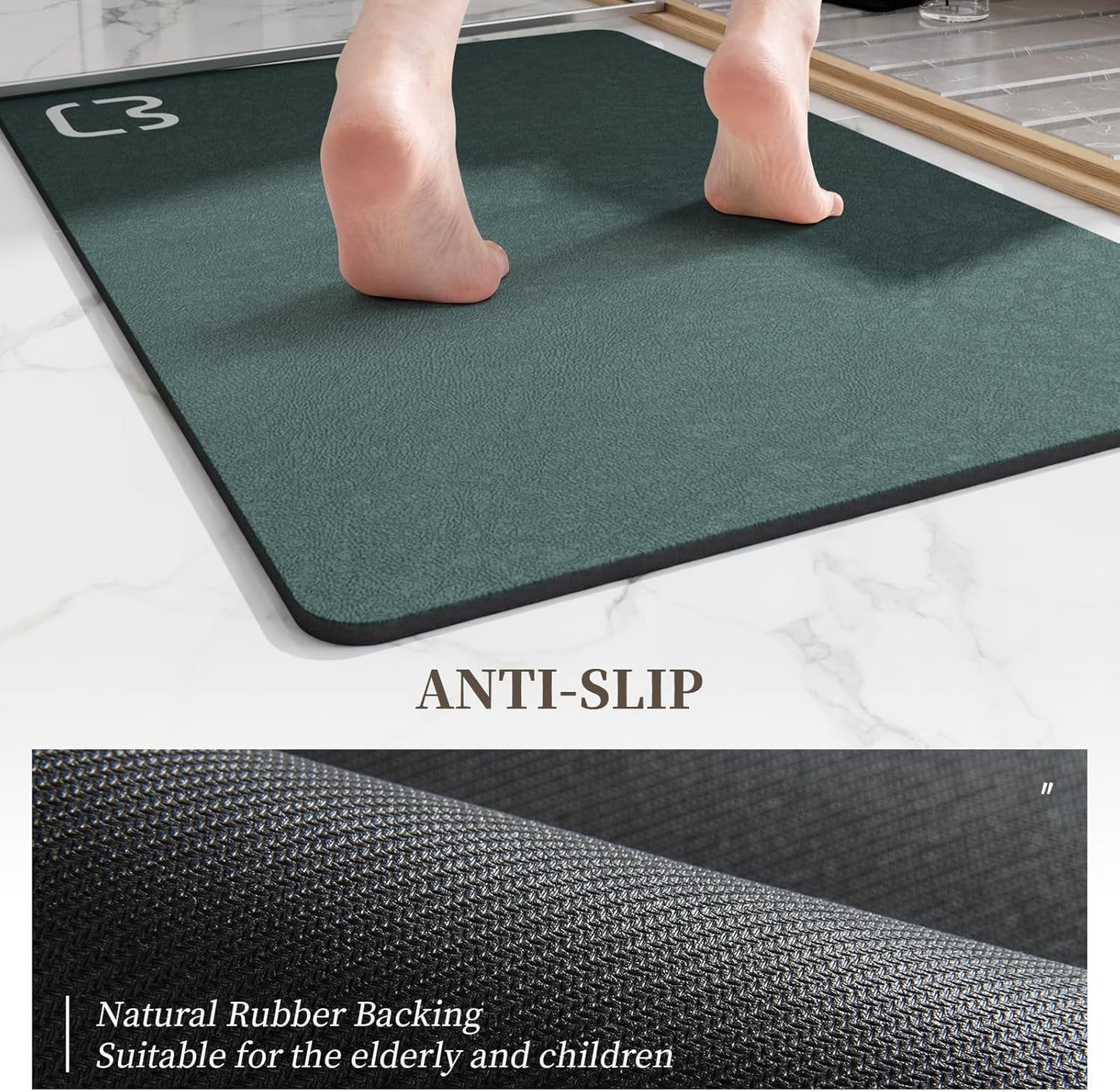 Bath Mat (15.7x23.6), Bathroom Non Slip Absorbent Quick Dry Rubber Backed, Dark Green
