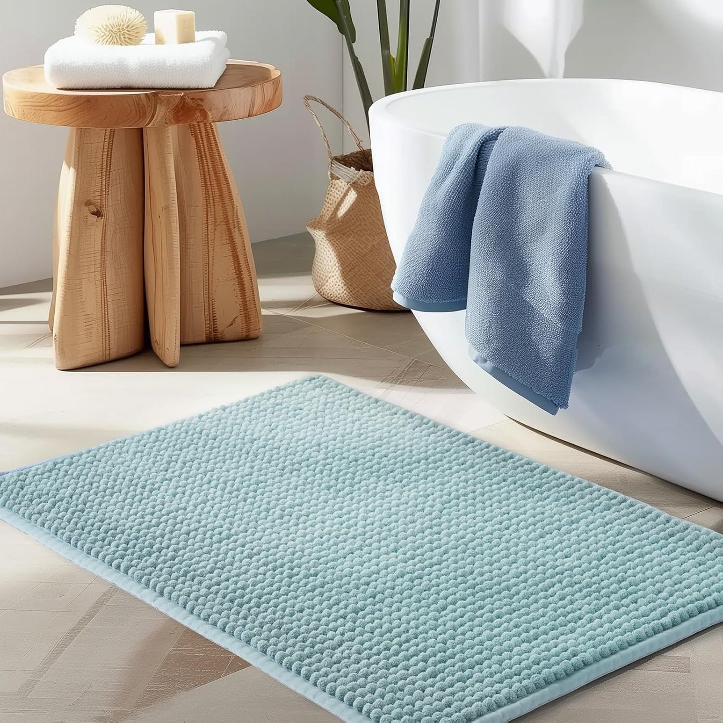 FRESHMINT Thick Chunky Chenille Bathroom Rug, 24"x36", Non Slip Bath Mat, Soft Bathroom Decor, Cute Shower Mat, Water Absorbent, Washable, Aqua Blue