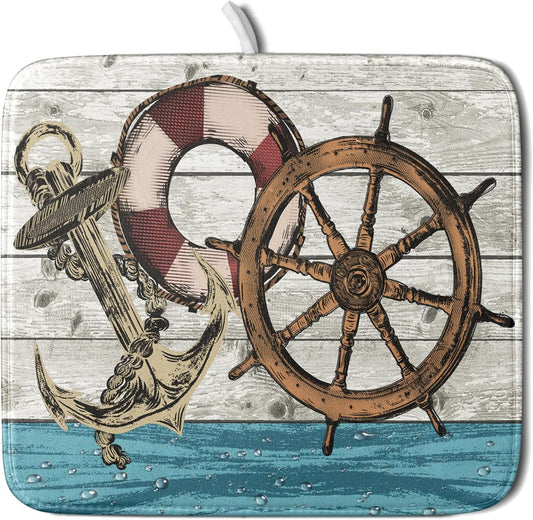 Nautical Anchor Dish Drying Mat 16x18 inch Coastal Boat Fast Dry Microfiber Reversible Dish Drainer Pad Kitchen Countertop Tabletop Decor