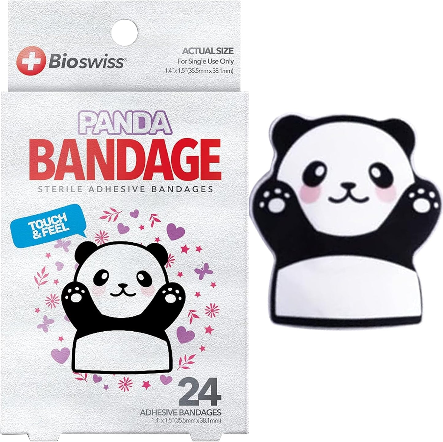 BioSwiss Kids Bandages, Panda Shaped Self Adhesive Bandage Set, Latex Free, Sterile Wound Care, 24 Count