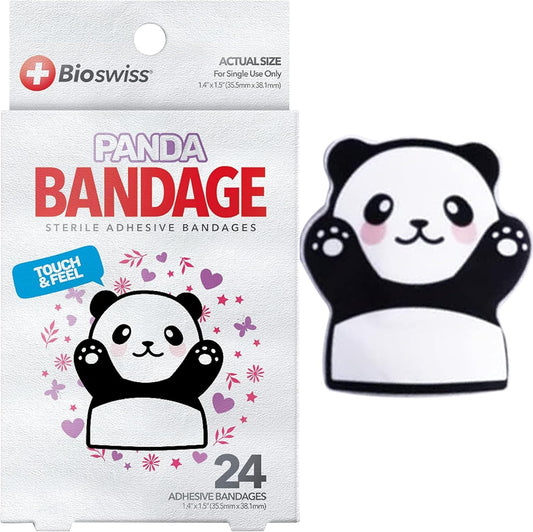BioSwiss Kids Bandages, Panda Shaped Self Adhesive Bandage Set, Latex Free, Sterile Wound Care, 24 Count
