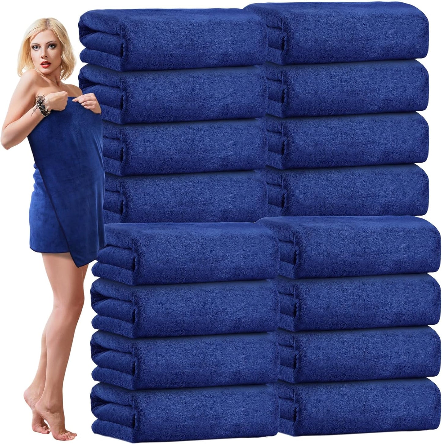16 Pack Microfiber Bath Towels Bulk 27'' x 60'' Oversized Size Bath Towel Highly Absorbent Extra Large Soft Drying for Shower Beach Salon Winter Sport Spa Gym (Simple,Navy Blue)