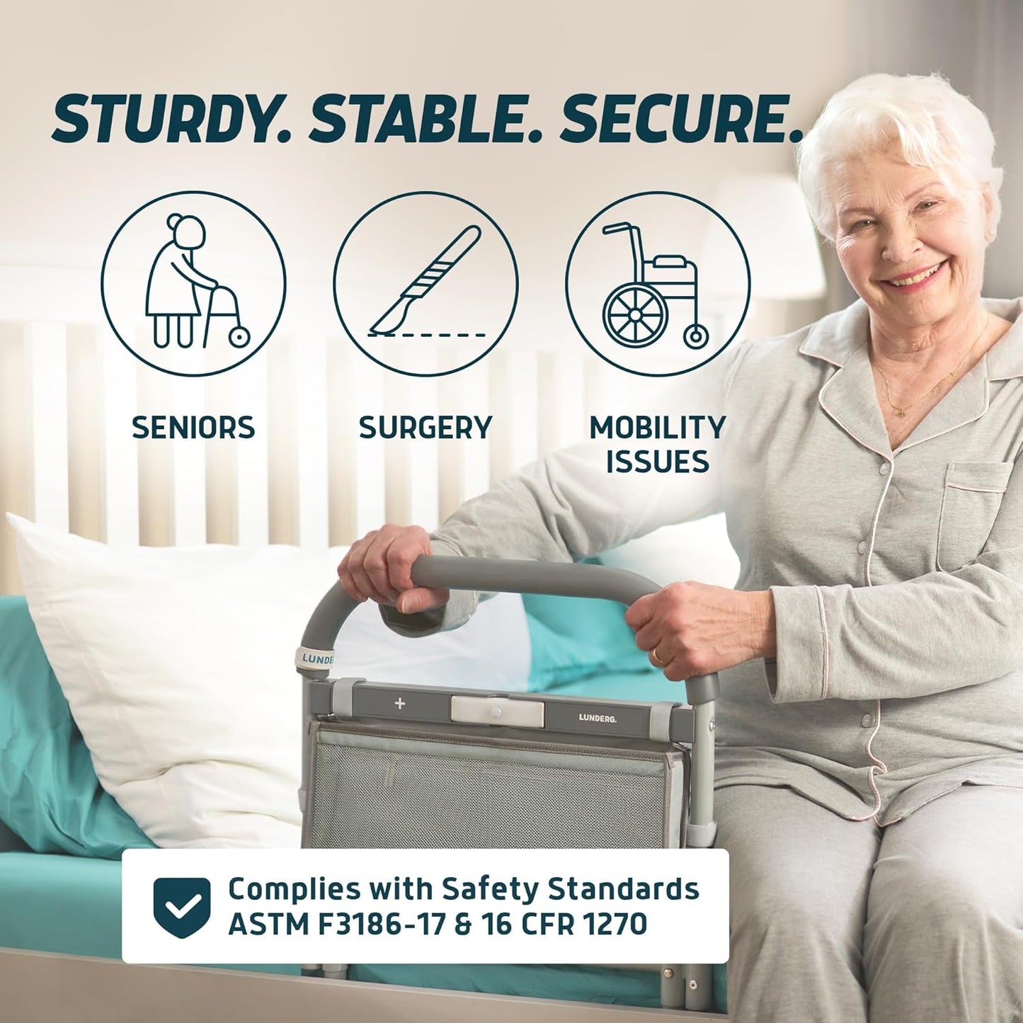 Lunderg Large Bed Assist Rail for Seniors with Motion-Activated Light & Storage Pocket - Easy to Install Bed Rails for Elderly Adults Safety & Post-Surgery - Helps Reduce Falls & Support Independence