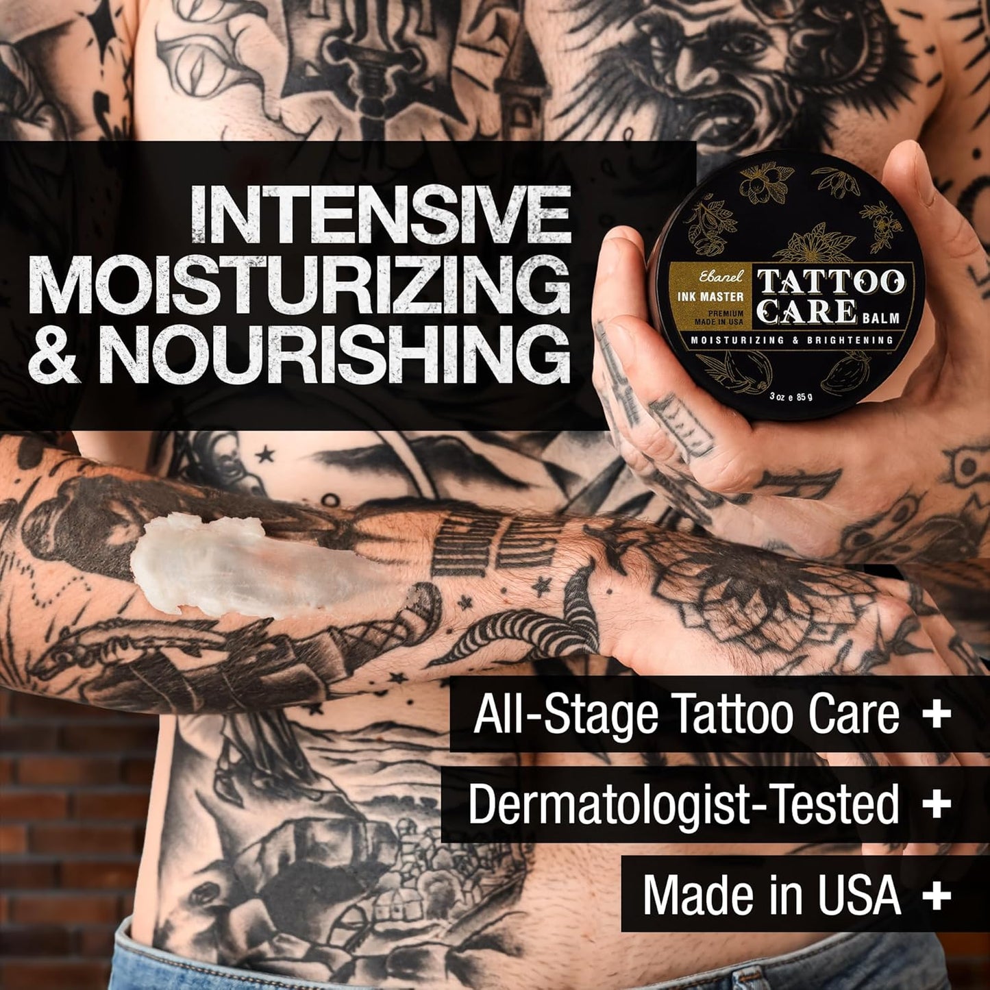 Ebanel Tattoo Balm 3oz, Premium Tattoo Aftercare Cream Brightener Ink Color Enhancing Butter Moisturizer with Herbal Essences and Essential Oils, All-Stage Tattoos Ointment After Care Kit Supplies