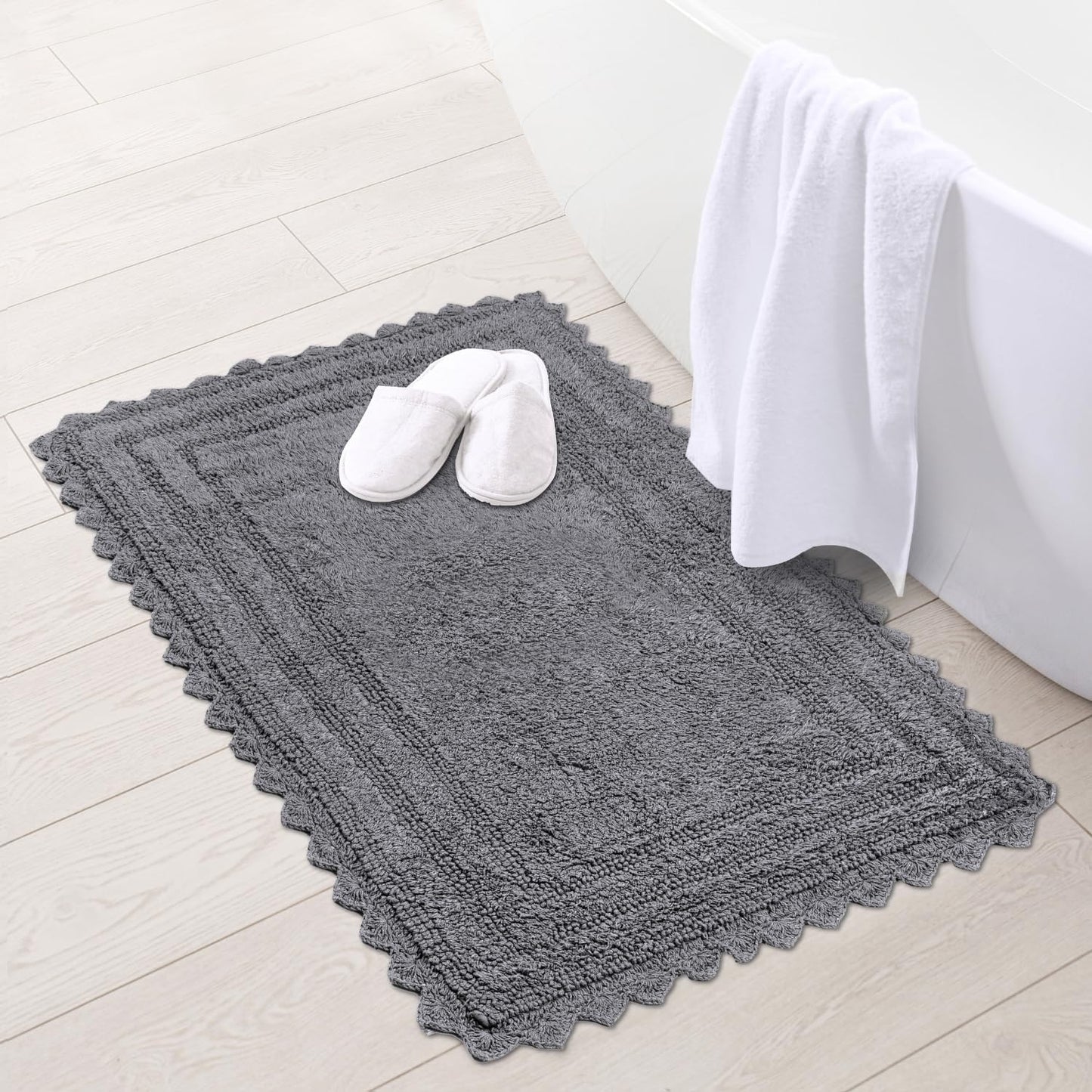 RAJRANG Titanium Grey Cotton Bath Rug – Rectangle 34x21 Inches with Crochet Edge – Reversible, Absorbent, Soft Boho Mat for Bathroom, Vanity, Spa, or Kitchen Use