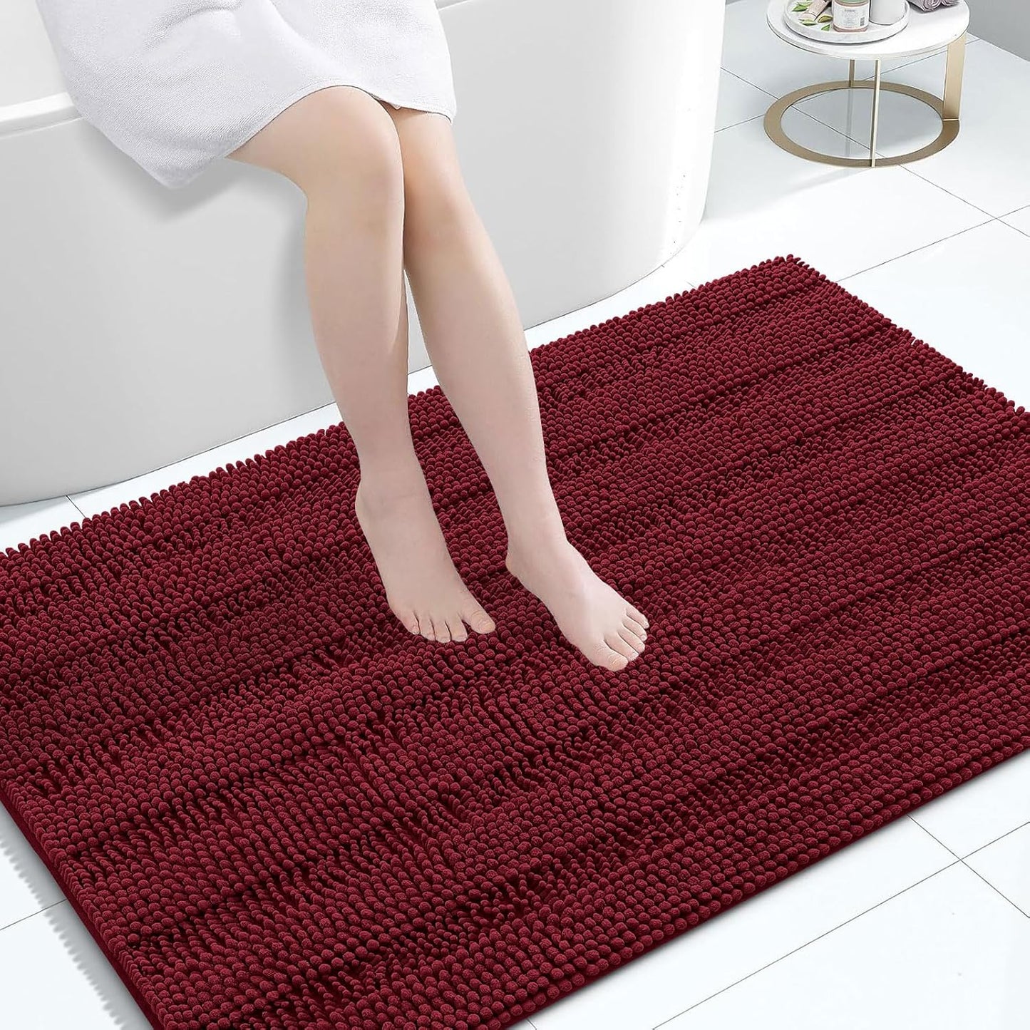 Grandaily Chenille Striped Bathroom Rugs 47x32, Extra Thick and Absorbent Bath Mats, Non-Slip Soft Plush Shaggy Shower Carpet, Machine Wash Dry, Bath Rug for Bathroom, Burgundy