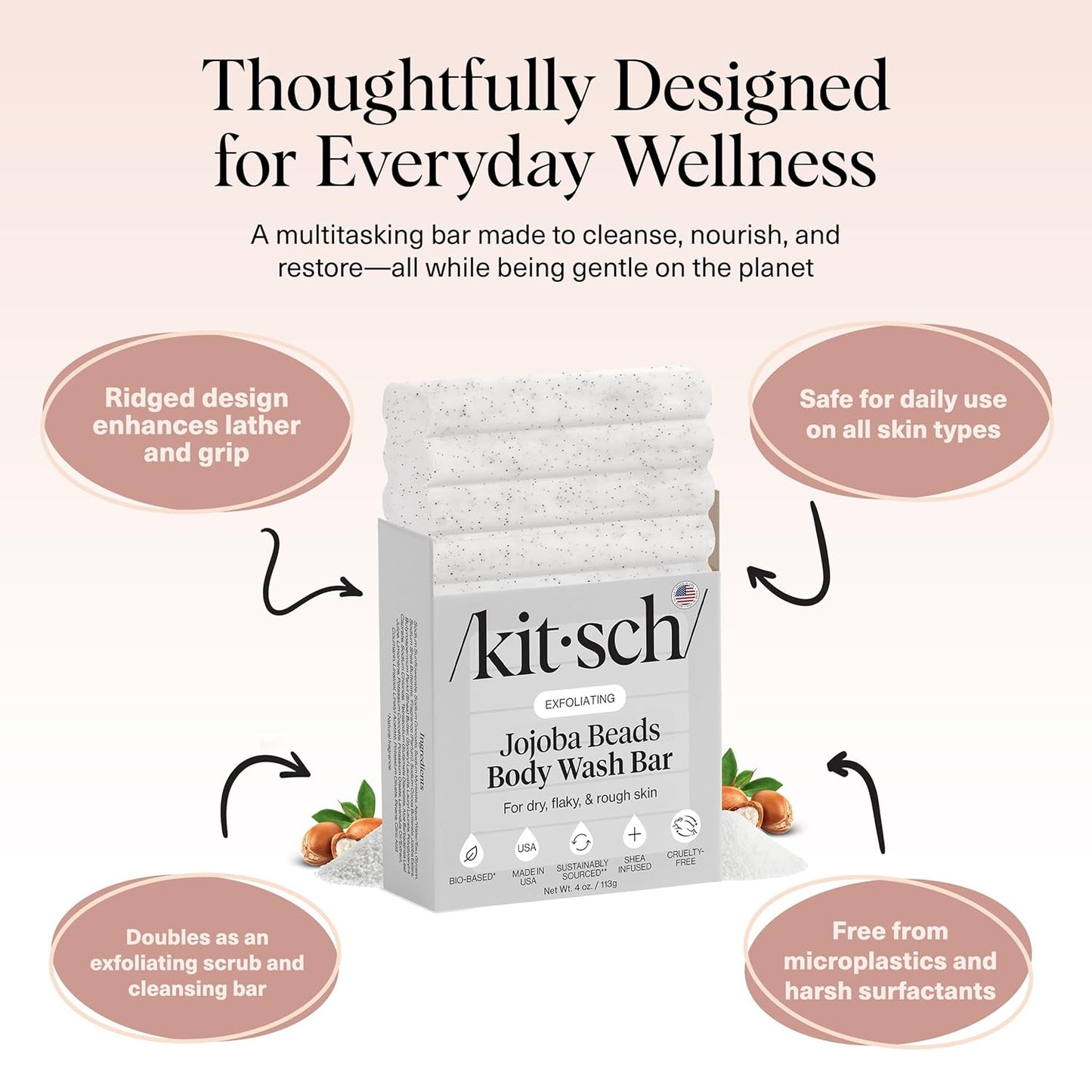 Kitsch Jojoba Beads Exfoliating Body Wash Bar – Nourishing Bar Soap with Shea Butter & Aloe for Dry, Flaky Skin – Soap bar & Body Scrub for Smooth, Refreshed Skin – Rosemary & Cedarwood Scent - 4 oz