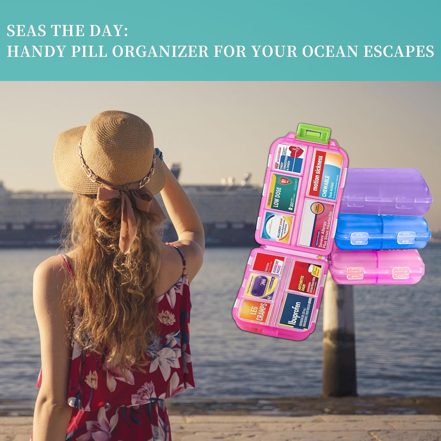 Pill Organizer with Medicine Labels, Travel Daily Pill Container, Mini Medication Organizer, 7-Day Pill Case, Set of 3 (Blue+Pink+Purple)