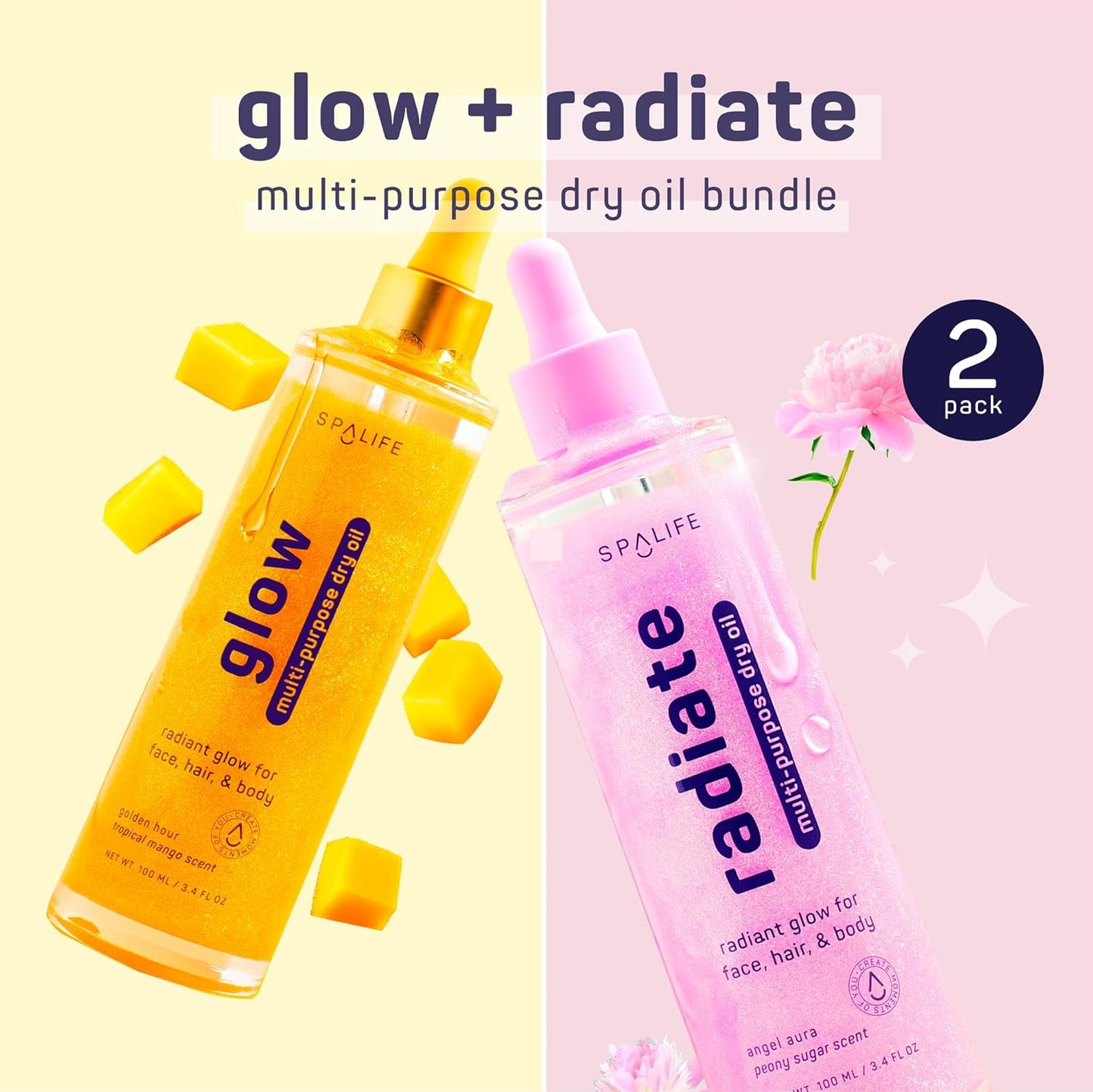 SpaLife Beauty Radiate & Glow Shimmer Oil Bundle – Dry Oil Duo with Subtle & Noticeable Shimmer – Mango & Peony Scents – Hydrating, Lightweight Moisture