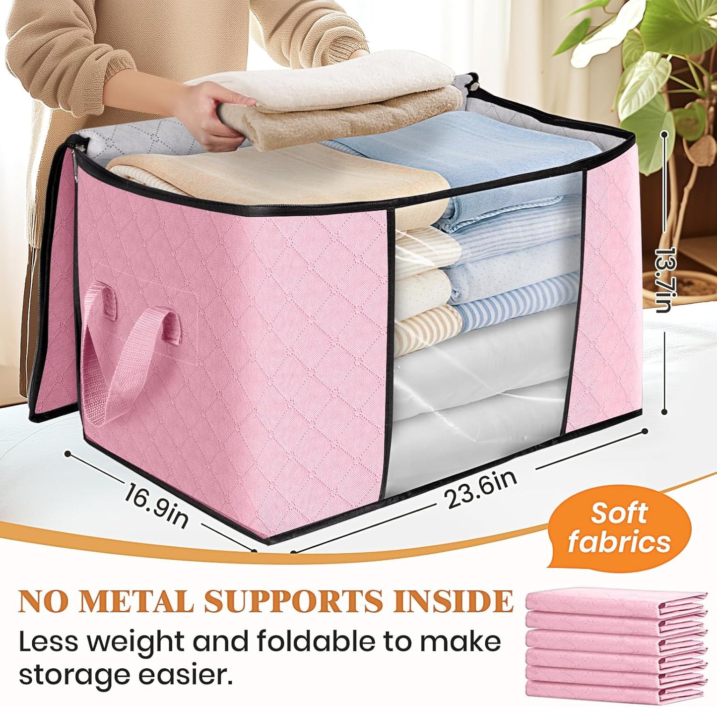 Fab totes 24 Gallons Clothes Storage, Foldable Thick Fabric Blanket Storage Bags, Containers for Organizing Bedroom, Closet, Clothing, Comforter, Organization with Handle (10 Pack,Pink)