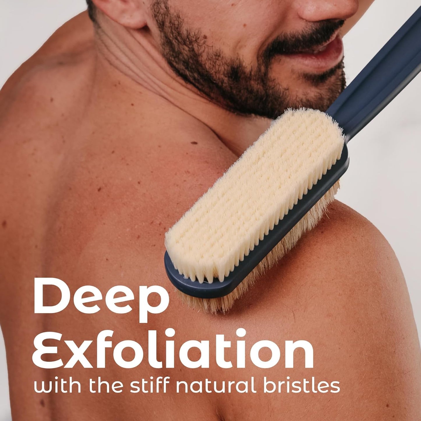 MainBasics Back Scrubber for Shower – Long Handle Dual-Sided Brush for Body Wash & Scrubbing with Exfoliating & Soft Bristles (Ultramarine, Plastic)