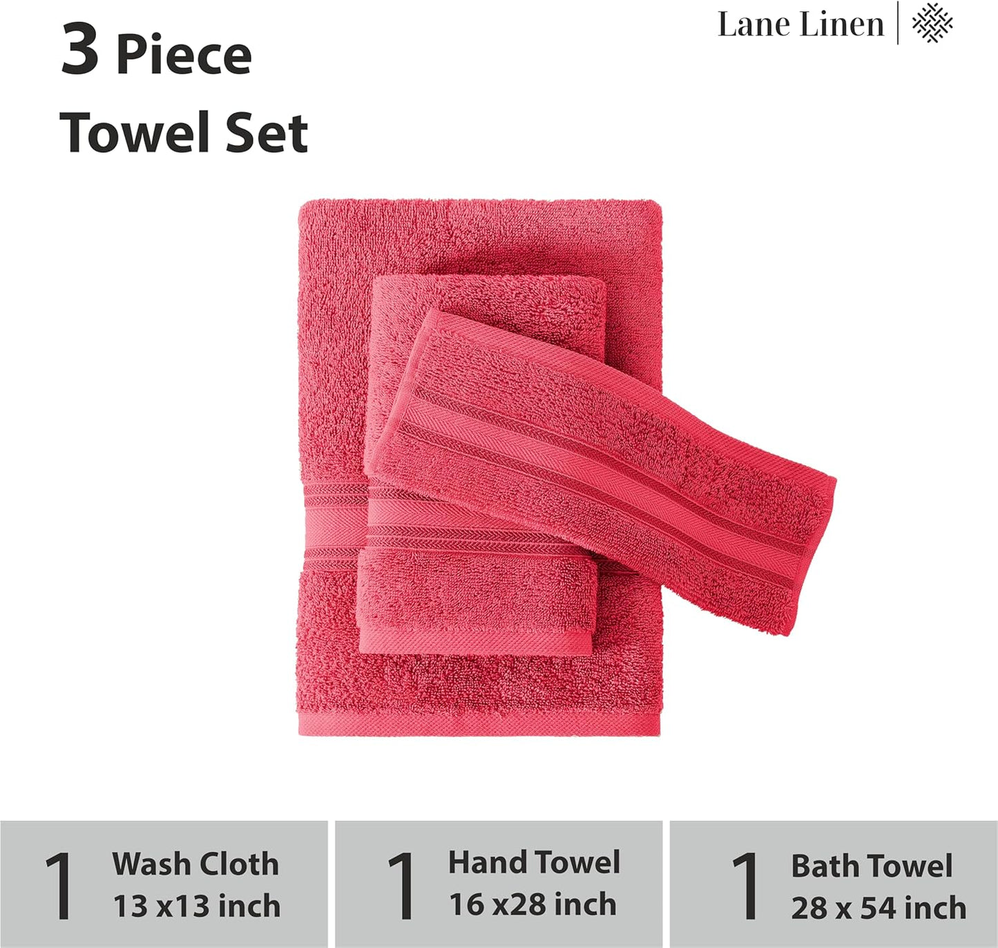 LANE LINEN Luxury Bath Towels Set - 3 Piece Set, 100% Cotton Bathroom Towels, Zero Twist, Quick Dry Towels, Absorbent Bath Towel, Super Soft, 1 Bath Towel, 1 Hand Towel, 1 Wash Cloths - Honeysuckle