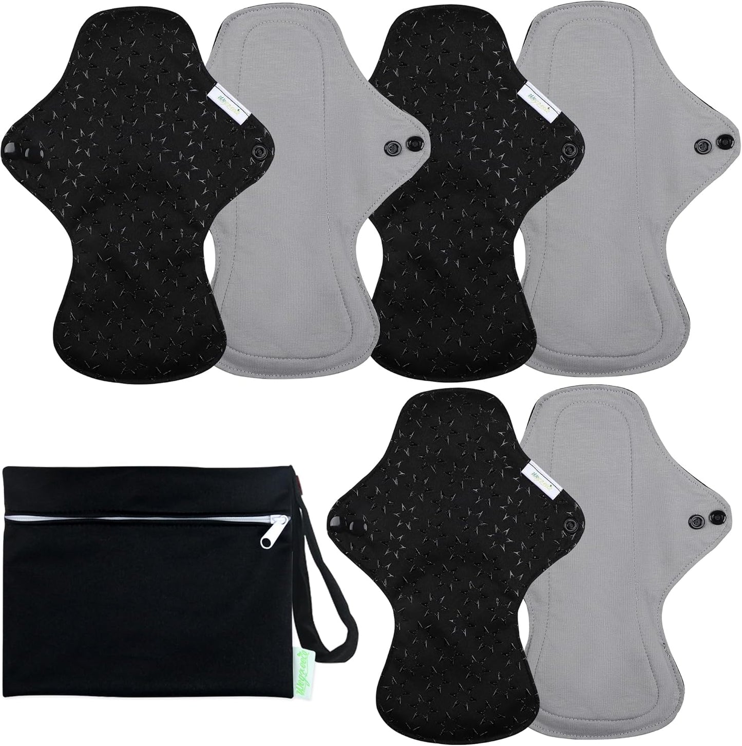 wegreeco 6 Pcs Reusable Menstrual Pads, Ultra Absorbent Cloth Pads for Heavy Flow, Sanitary for Teens, Women, Nonslip, Grey Inner, Black Outer, Medium