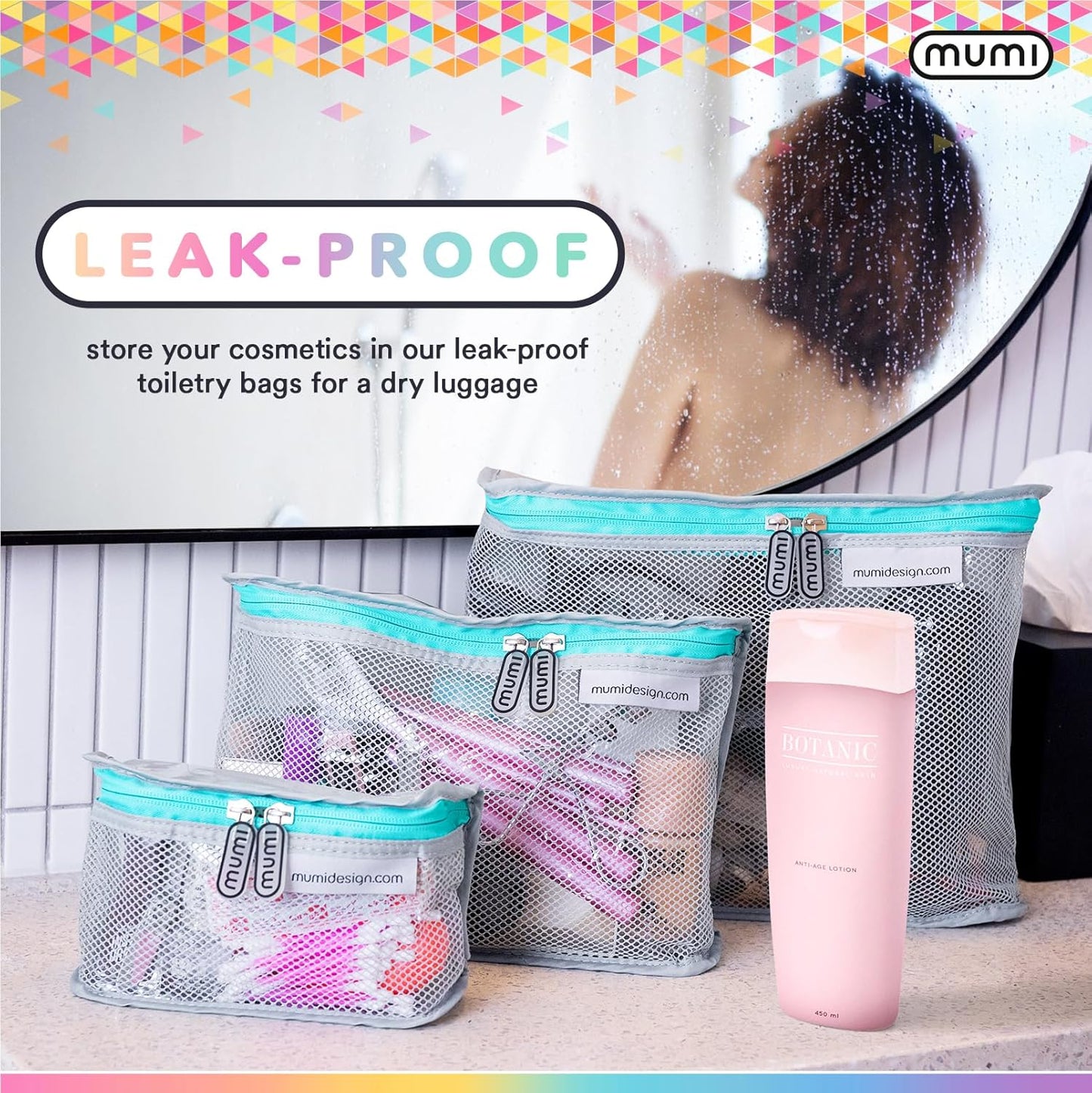 MUMI Travel Toiletry Bag Set of 3 – Clear TSA Approved Toiletry Bags for Women – Reusable Water-Resistant Makeup Organizer Pouches for Skincare, Cosmetics, Travel Accessories, Airport Packing - Black