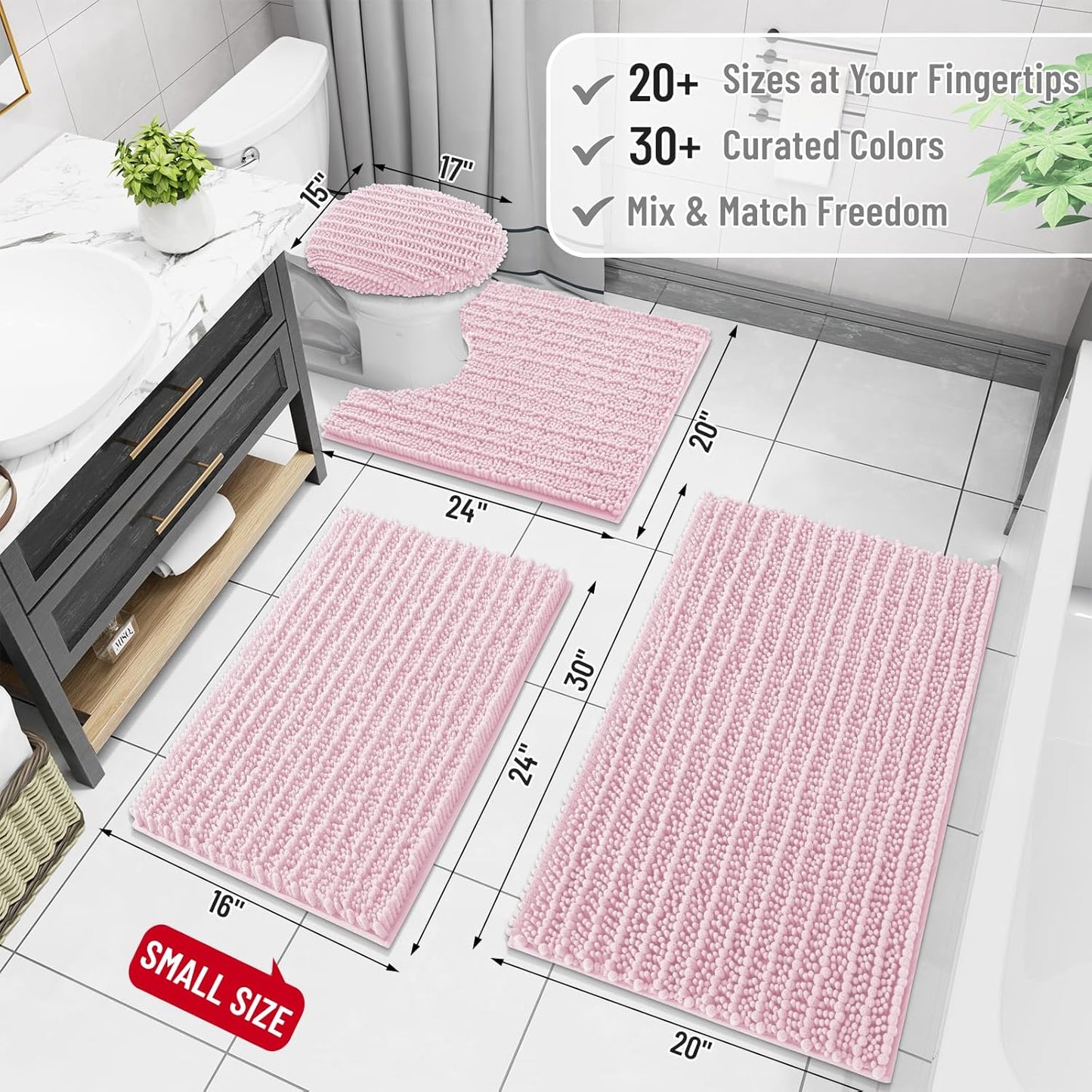 Arotive Luxury Chenille Bathroom Rug Mat, Extra Soft Thick Absorbent Shaggy Bath Rugs, Non-Slip Machine Wash Dry, Plush Bath Mats for Bathroom, Shower and Tub, 36x24, Pink