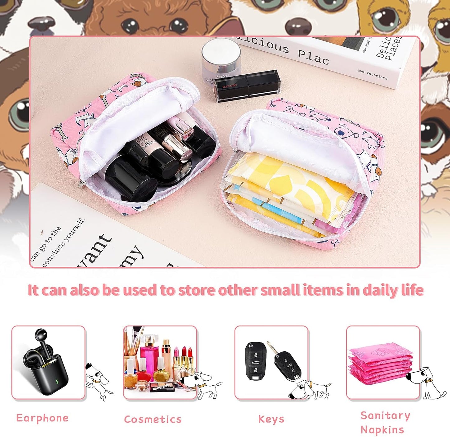 Period Bag Pouch, Canvas Sanitary Napkin Storage Bag for Girls Womens, Portable Sanitary Napkin Period Pad Pouch Bag for Purse, Small Make Up Bags(B88, Pink)