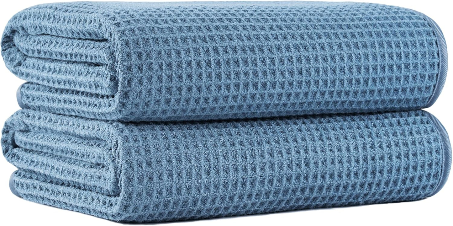 New Microfiber Waffle Bath Towels, 2 Pieces, Oversized, Soft, Absorbent, Fast Drying, Lint Free (Blue)