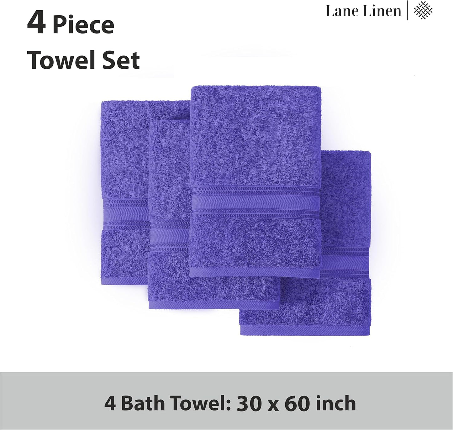 LANE LINEN 100% Cotton 4 Pack Bath Towels Set (30"x60") - Zero Twist, Large Cotton Towels for Bathroom - Quick Dry, Soft & Absorbent Bath Towel Set - Remains Fluffy After Multiple Washes - Blue Irish