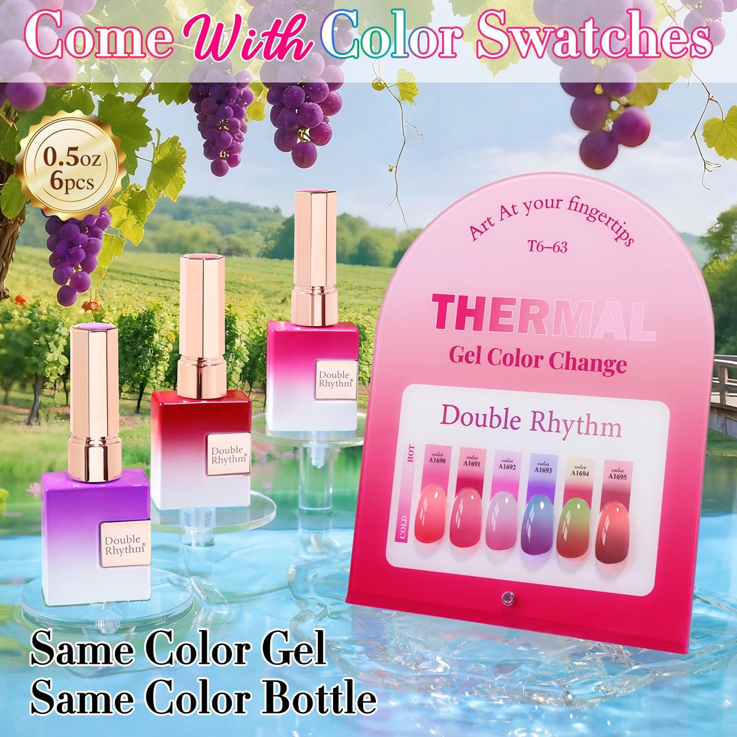 Double Rhythm 6 Pcs 15 ML Gel Polish Set Same Color Same Bottle Soak Off Gel Polish Kit Nail Art Manicure Salon DIY at Home for Women (Color Changing Red Pink Purple Brown-T6-63)