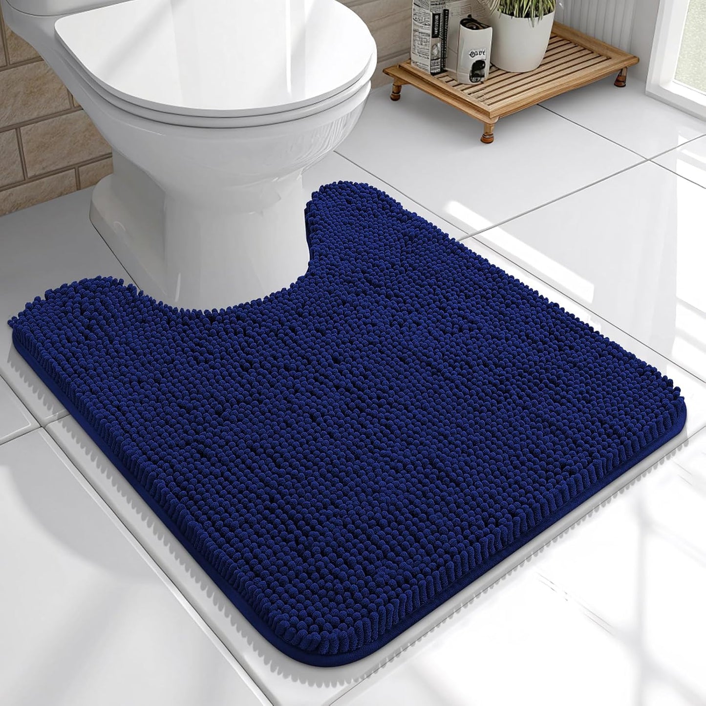 OLANLY Toilet Rugs U-Shaped 20x20, Extra Soft Absorbent Chenille Contour Bathroom Rugs for Toilet, Dry Quickly, Machine Washable, Non-Slip Bath Mat, Navy