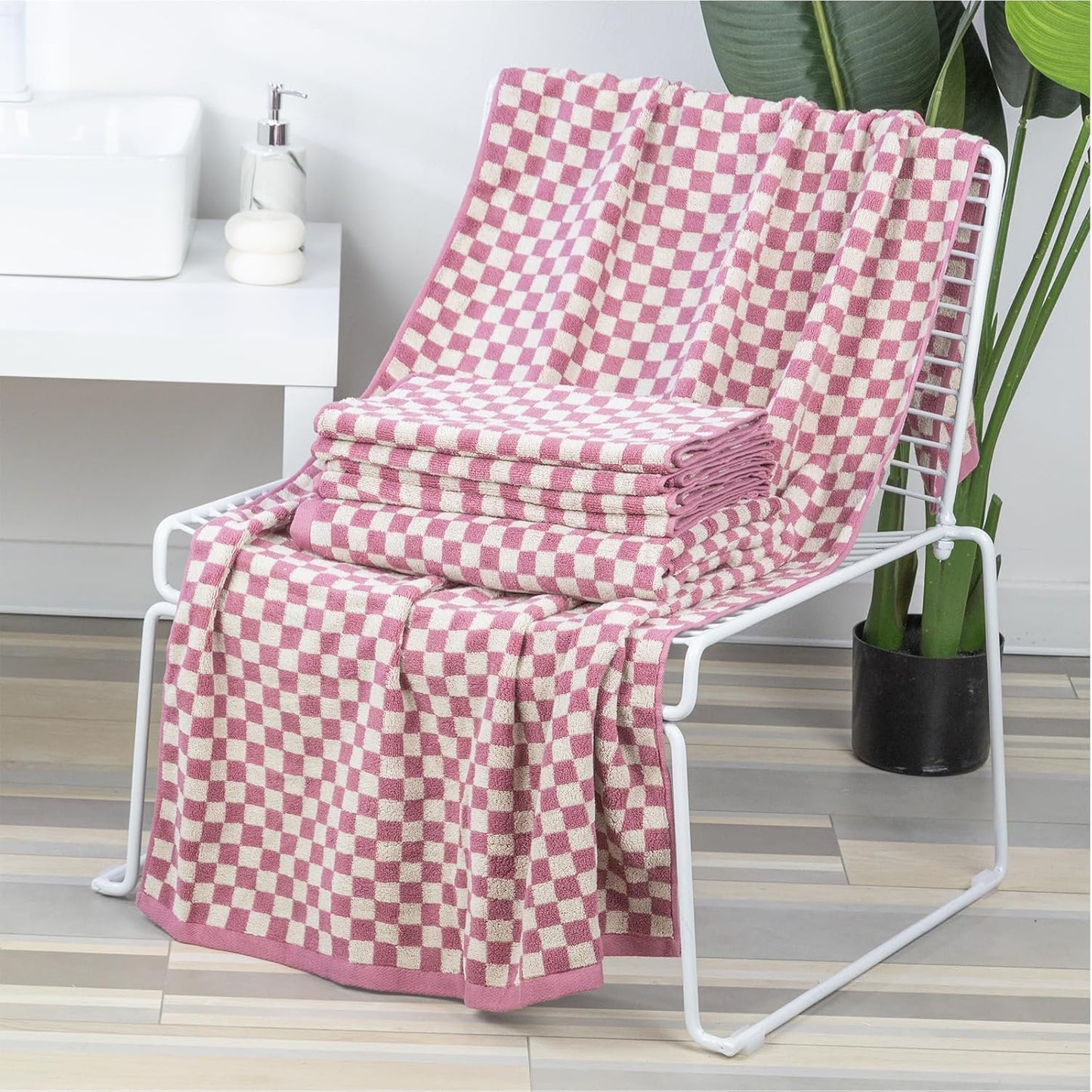 Checkered Bath Towels Set of 6 Large, 520GSM, 100% Cotton Shower Towels * 2 (55.12"*27.56"), Hand Towels * 4 (29.52"*13.77"),Towels for Bathroom、Pool、Hotel, Spa, Soft Absorbent（Pink
